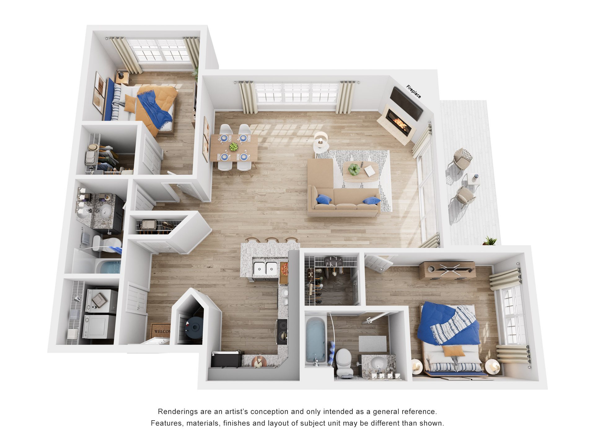 Floor plan for 2 beds, 2 baths, 1252 sqft